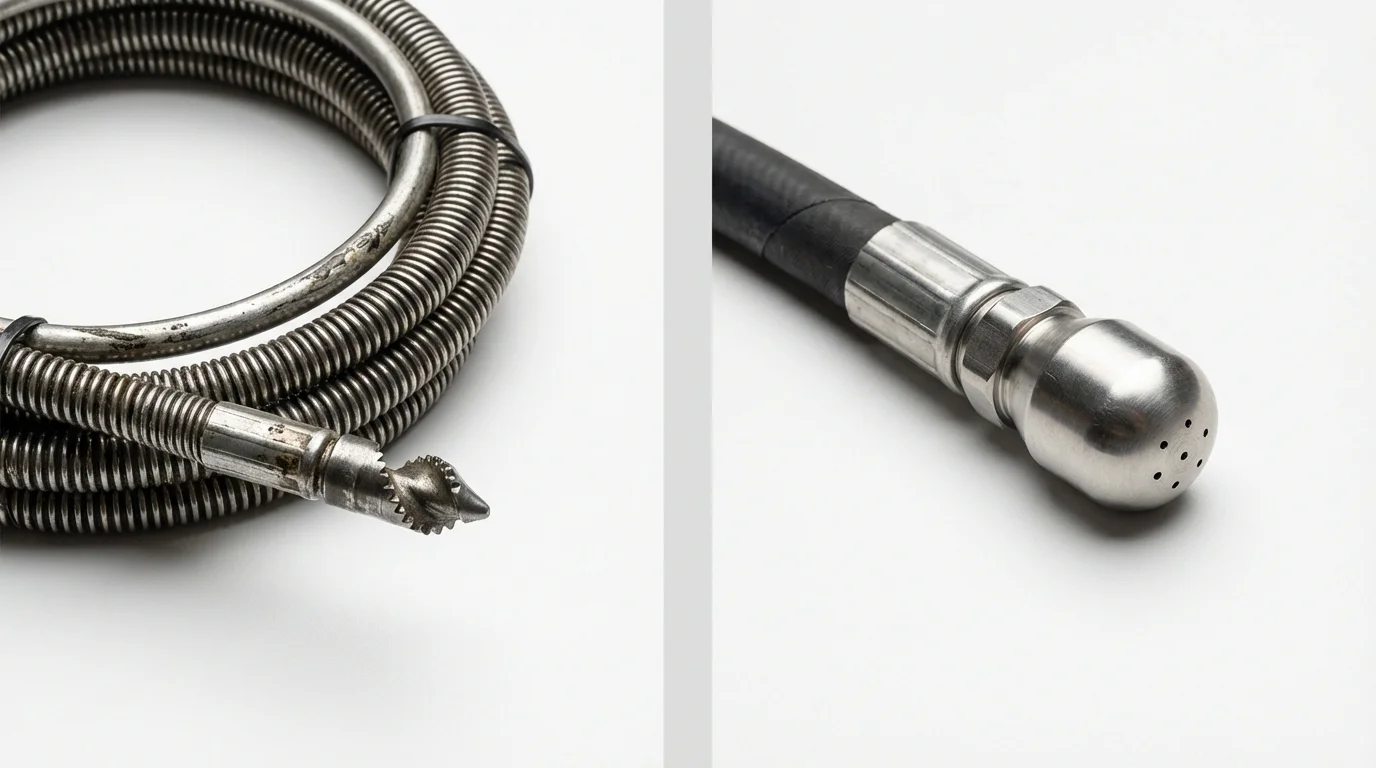 Drain snake cable and hydro jetting nozzle used for drain cleaning in Jacksonville, IL