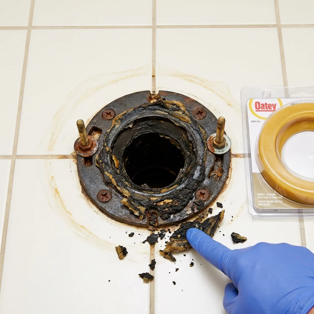 Failed wax ring showing water seepage at the base of a toilet in a Jacksonville, IL home