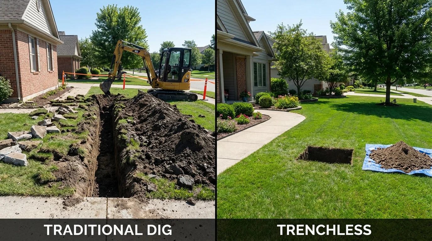 Trenchless sewer repair with minimal yard damage versus traditional excavation in Jacksonville, IL